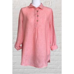 Singrid Olsen Coral Pink Linen Tunic Blouse Top Sz M Summer Beach Quiet Luxury